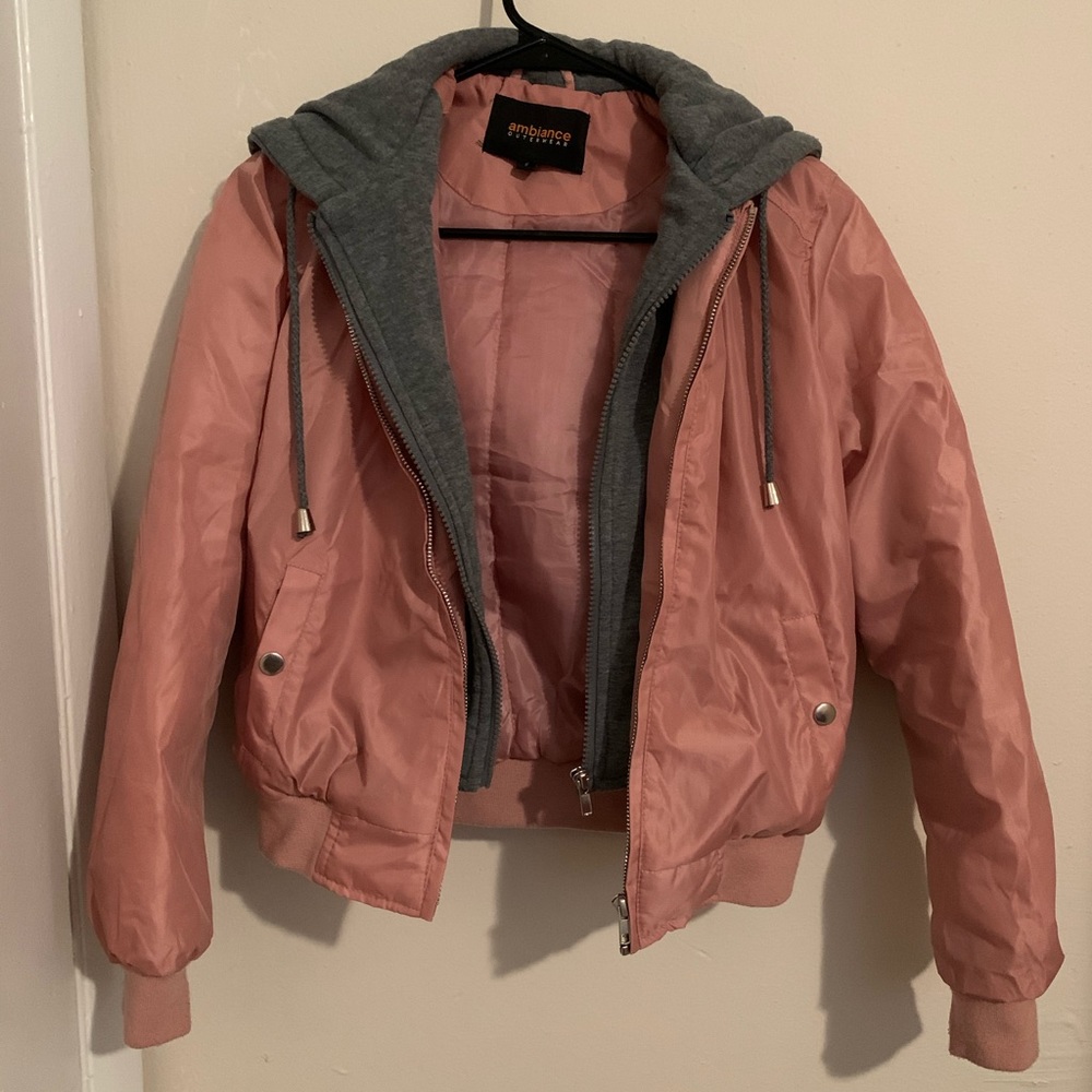 Pink and grey puffer coat with hood